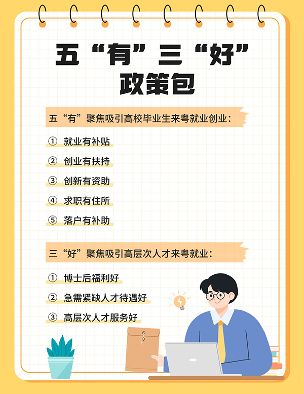 為深入實(shí)施“百萬(wàn)英才匯南粵”行動(dòng)計劃，廣東匯集五“有”三“好”政策包，拿出誠意滿(mǎn)滿(mǎn)的激勵政策，匯聚天下英才到南粵大地就業(yè)創(chuàng  )業(yè)。